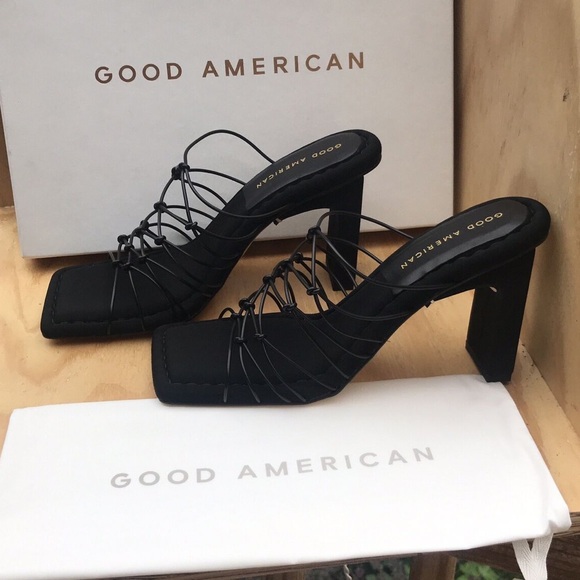 Good American Heels Black Sandals Caged Neoprene NIB Size 8.5 - Picture 4 of 12